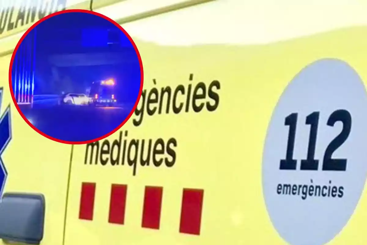 Una ambulancia amarilla con el texto "emergències mèdiques" y el número de emergencia 112, con una imagen insertada de un vehículo de emergencia iluminado por luces azules.