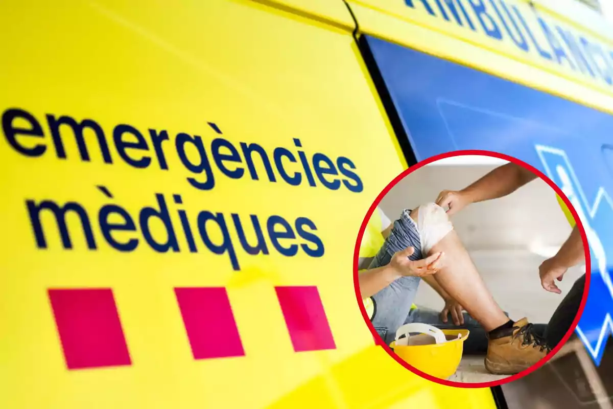 Una ambulància groga amb el text "emergències mèdiques" i un requadre que mostra una persona rebent atenció mèdica al genoll.