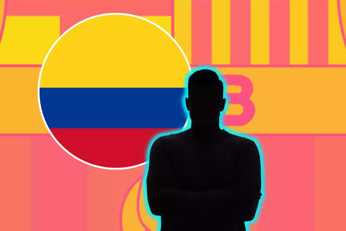 Una silueta de una persona frente a un fondo con la bandera de Colombia y colores brillantes.