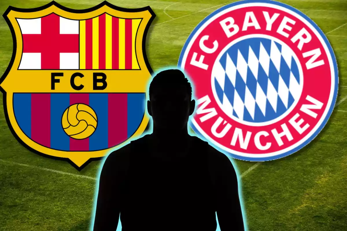 Silueta d´una persona entre els escuts del FC Barcelona i el FC Bayern Munic sobre un camp de futbol.