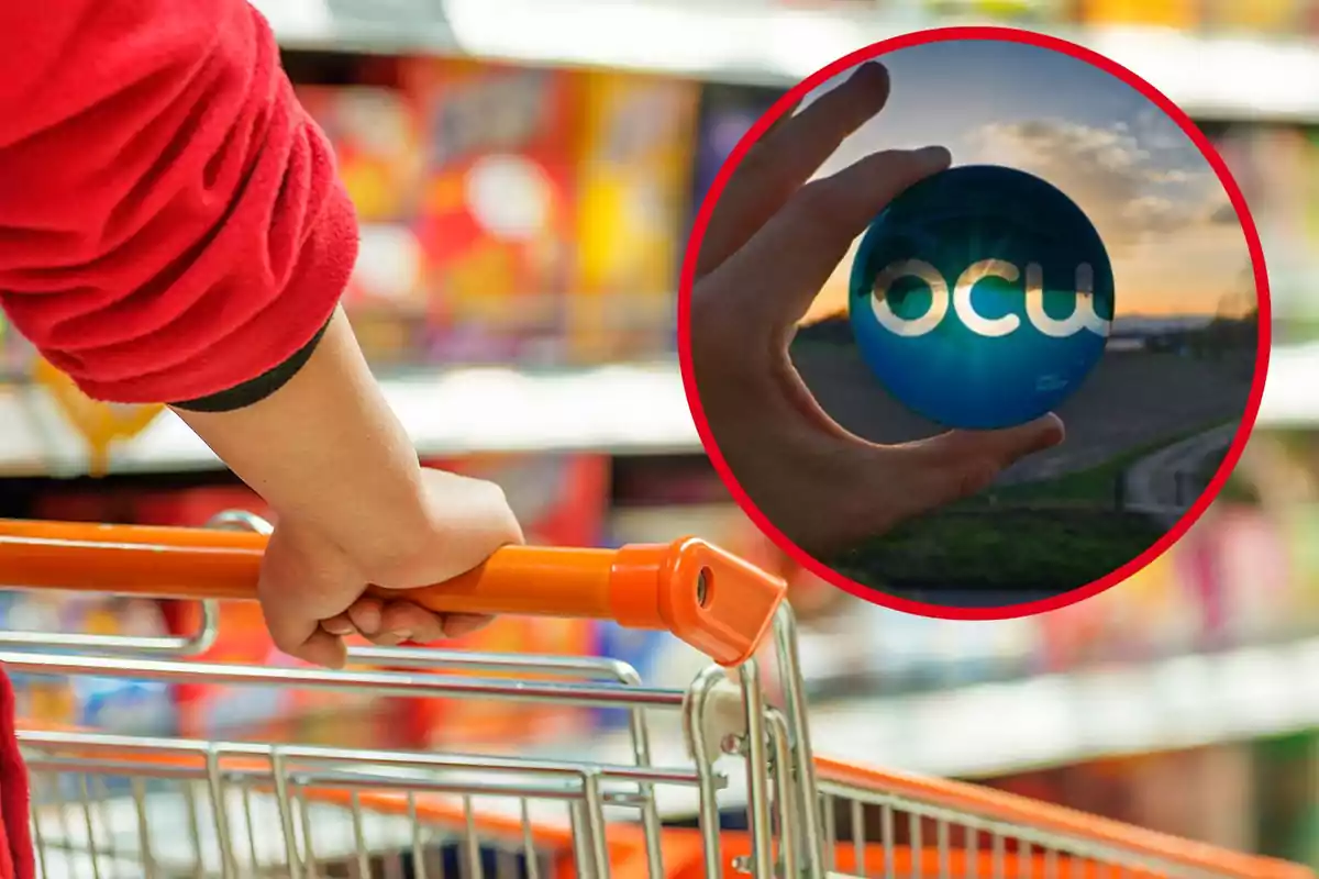 Persona empenyent un carretó de compres en un supermercat amb un logotip d'OCU en un cercle superposat.