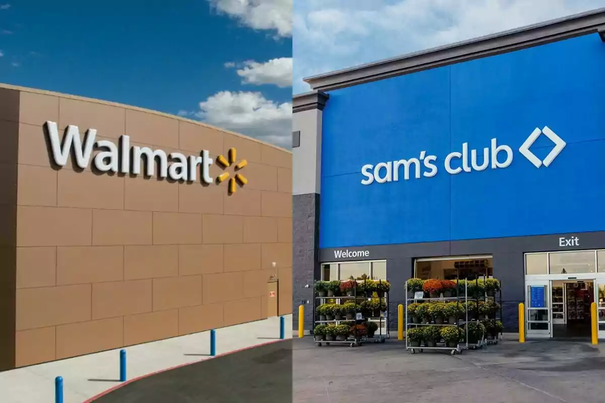 Walmart and Sam's Club store fronts with clear skies. Walmart and Sam's Club store fronts with clear skies.
