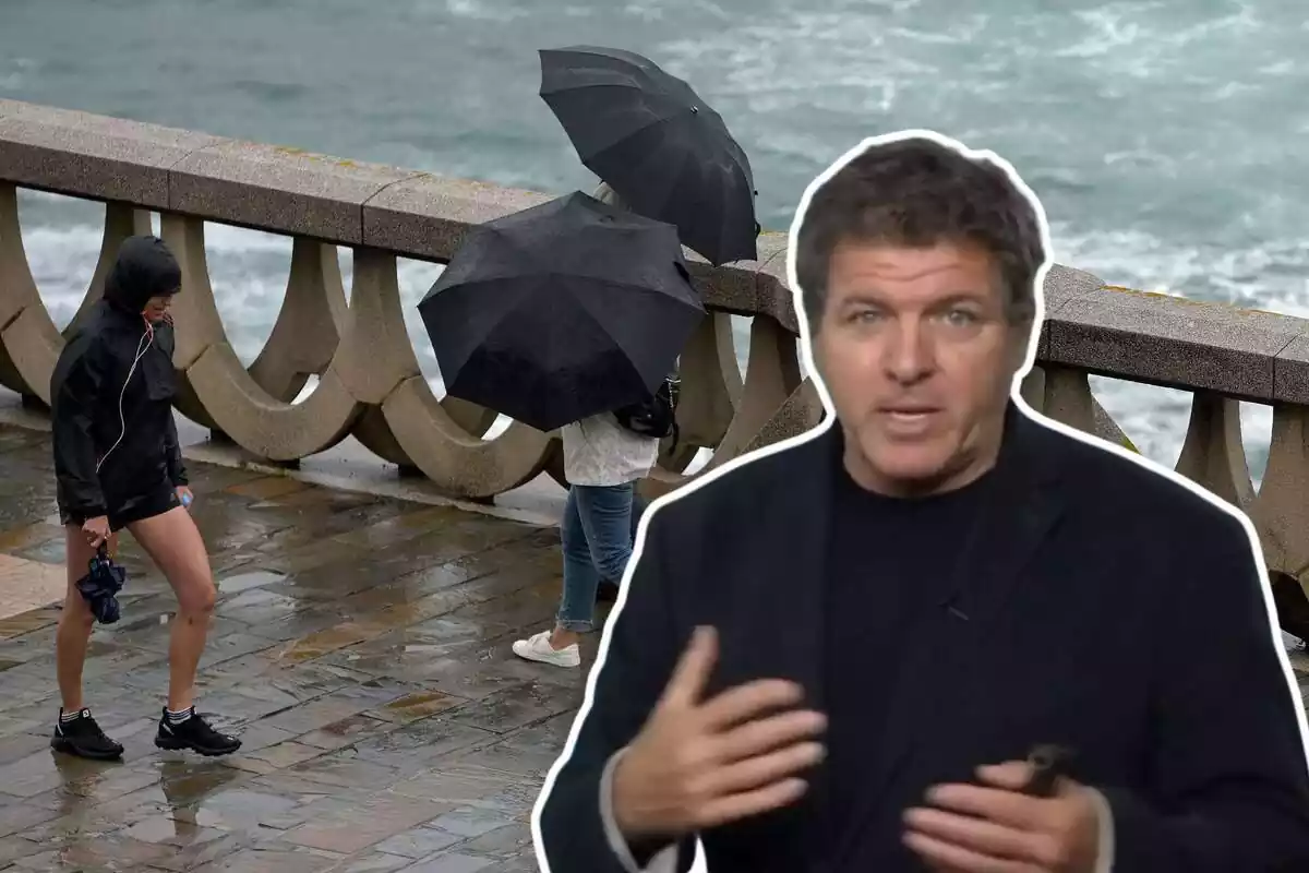 Montaje de una imagen de fondo con personas tapándose de la lluvia enfrente del mar y Mario Picazo hablando Montaje de una imagen de fondo con personas tapándose de la lluvia enfrente del mar y Mario Picazo hablando