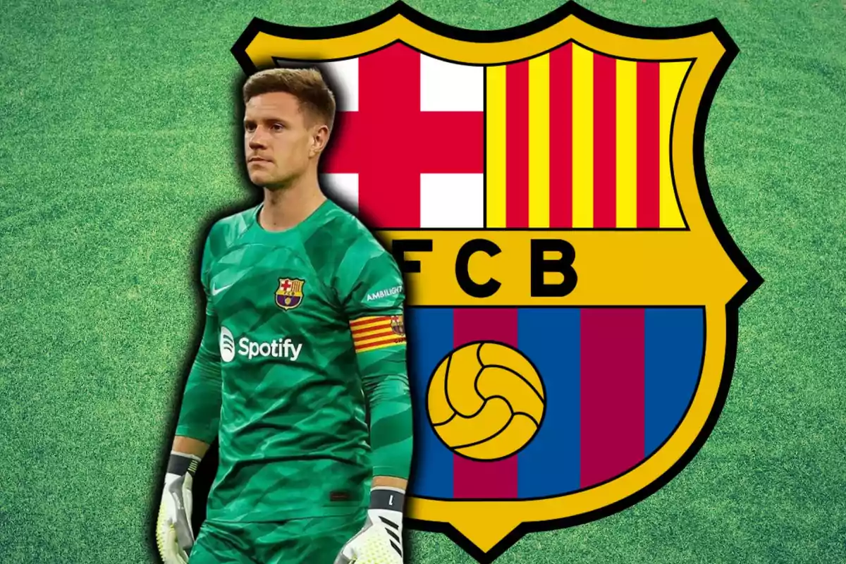 Portero del FC Barcelona con uniforme verde frente al escudo del club sobre un fondo de césped.