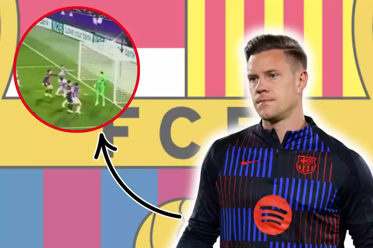 Un jugador de futbol amb l'uniforme del FC Barcelona apareix davant de l'escut del club mentre un requadre mostra una escena d'un partit amb diversos jugadors a prop de la porteria.