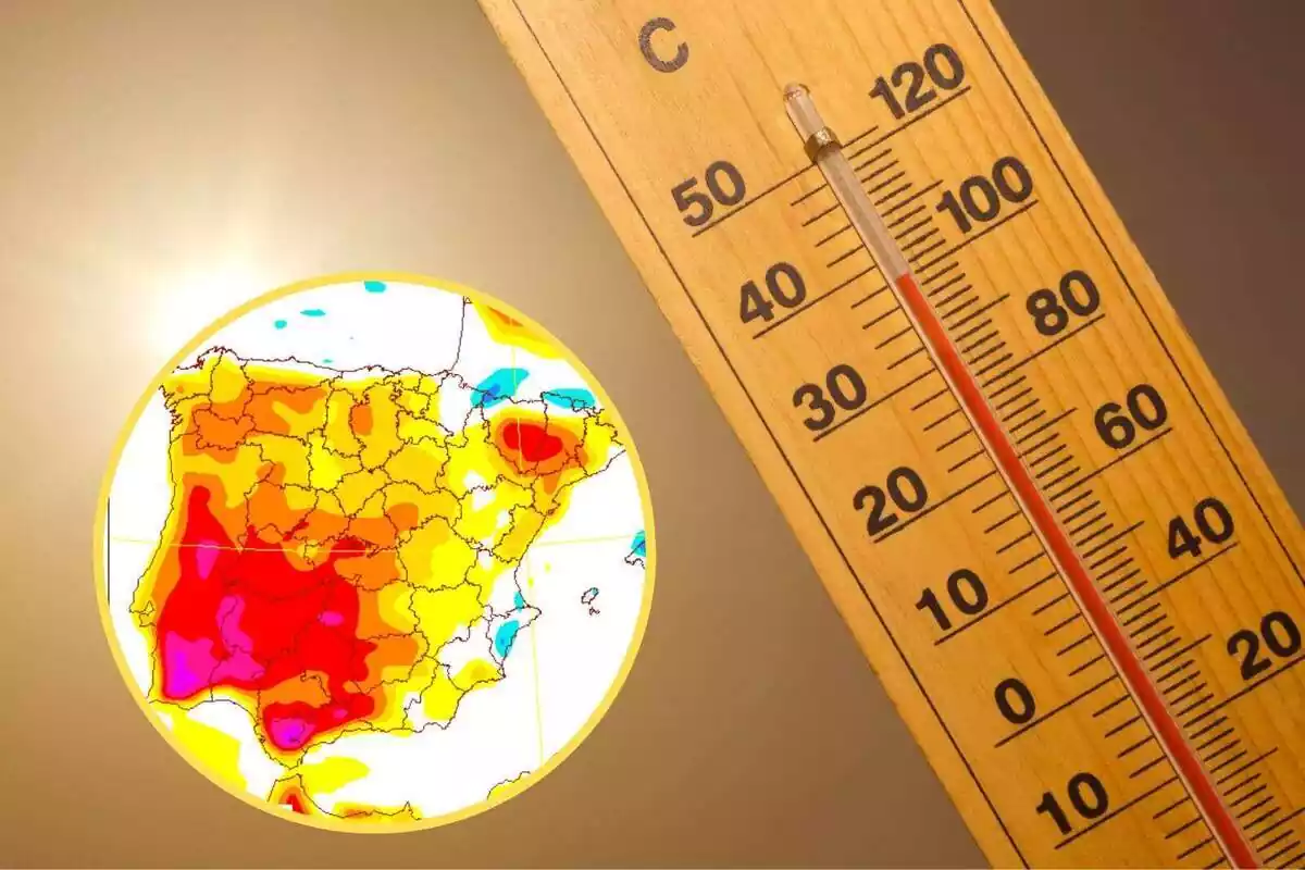 Muntatge amb imatge d'un termòmetre i un cercle amb el mapa de temperatures màximes de l'AEMET Muntatge amb imatge d'un termòmetre i un cercle amb el mapa de temperatures màximes de l'AEMET