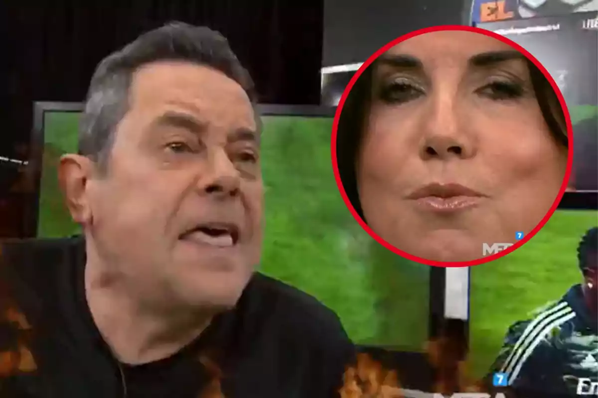 Un home parlant apassionadament en un programa de televisió amb un requadre que mostra la cara d?una dona.