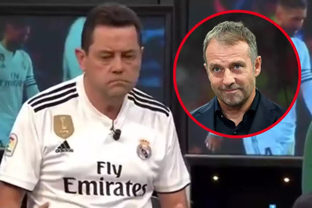 Un hombre con camiseta del Real Madrid aparece en un programa de televisión con una expresión seria mientras en un círculo rojo se muestra a otro hombre con una expresión neutral.