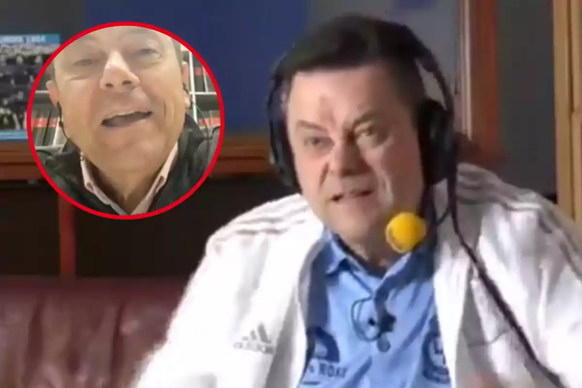 Un hombre con auriculares y micrófono amarillo en un estudio de radio con un recuadro que muestra a otra persona sonriendo.