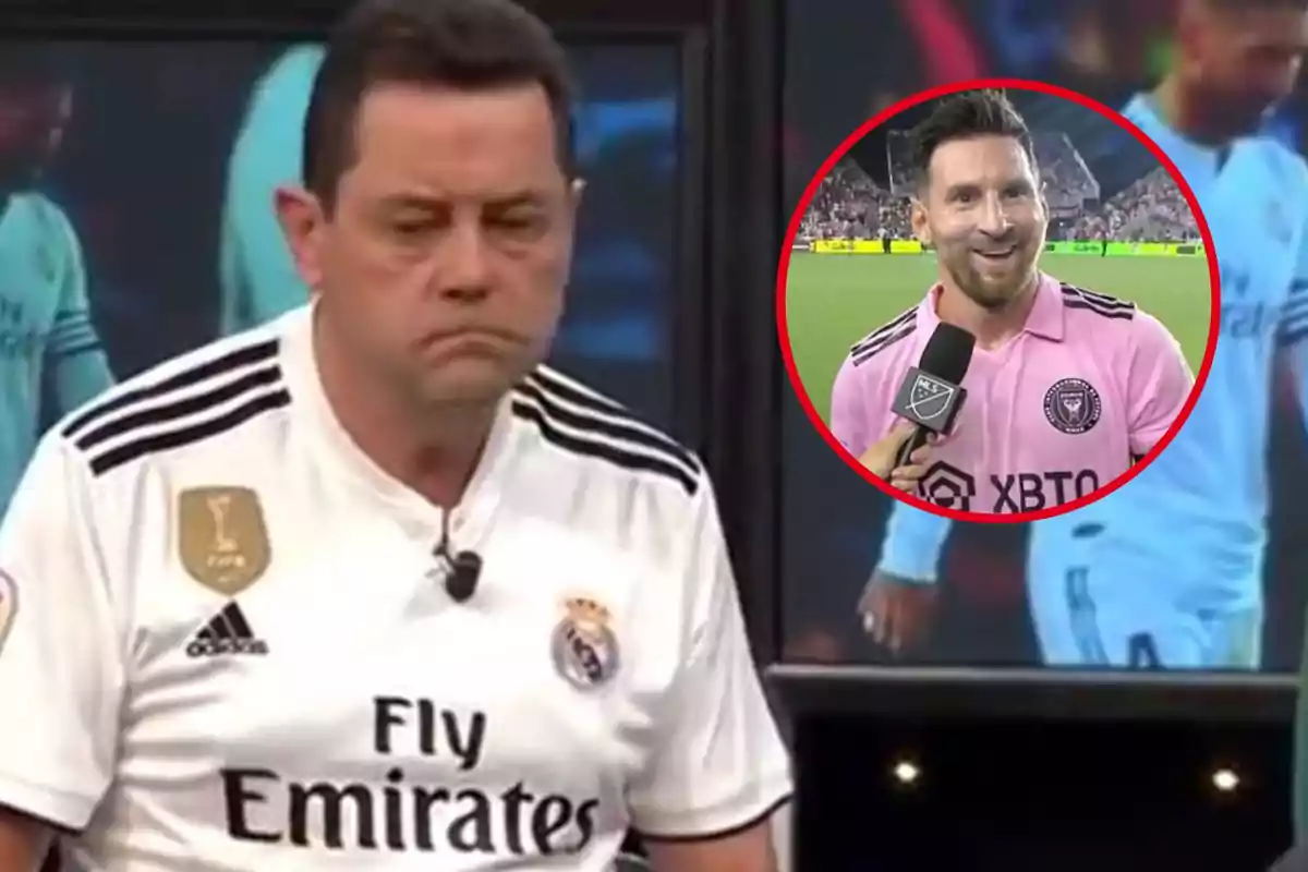 Un hombre con una camiseta del Real Madrid parece molesto mientras en un recuadro se muestra a un jugador de fútbol con una camiseta rosa sonriendo durante una entrevista en el campo.