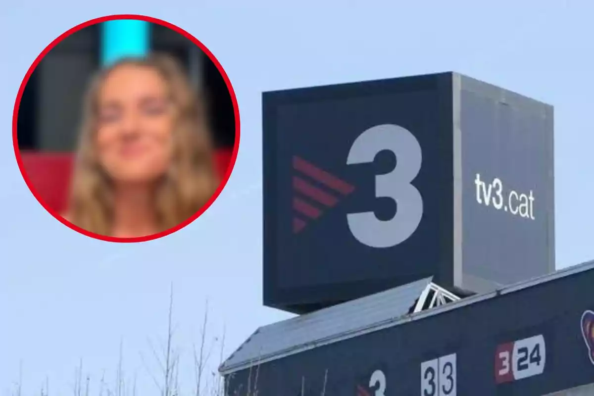 Una imagen muestra un edificio con el logotipo de TV3 y un sitio web, junto a un círculo rojo con una persona desenfocada.