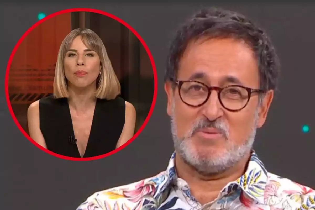 Dos personas en un programa de televisión, una mujer en un recuadro rojo y un hombre con gafas y barba.