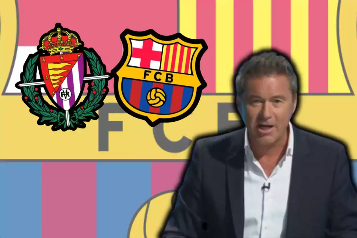 Un presentador de televisió apareix davant dels escuts del Reial Valladolid i el FC Barcelona sobre un fons amb els colors del Barcelona.