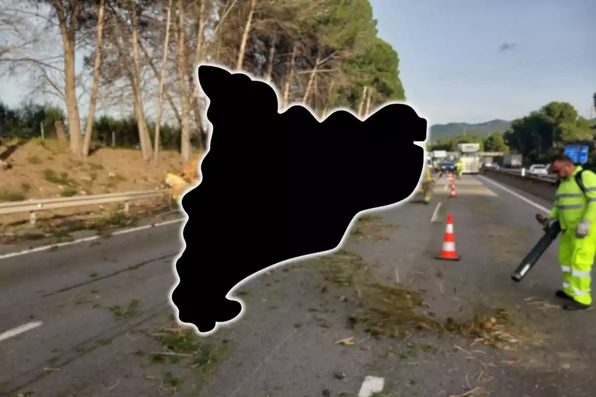 Un treballador de manteniment neteja una carretera amb un bufador de fulles mentre hi ha cons de trànsit i branques escampades a terra.