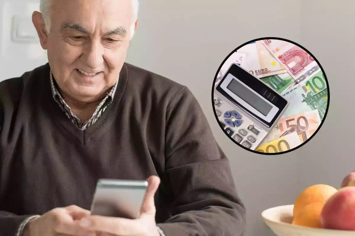 Muntatge d'un home gran amb un telèfon mòbil i al costat dret un marc amb una imatge de diversos bitllets d'euro i una calculadora Muntatge d'un home gran amb un telèfon mòbil i al costat dret un marc amb una imatge de diversos bitllets d'euro i una calculadora