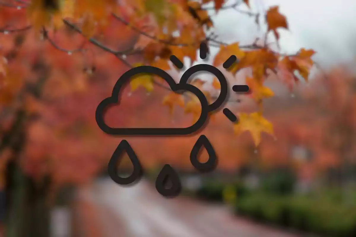 Icono de clima con sol y lluvia sobre un fondo de hojas otoñales.