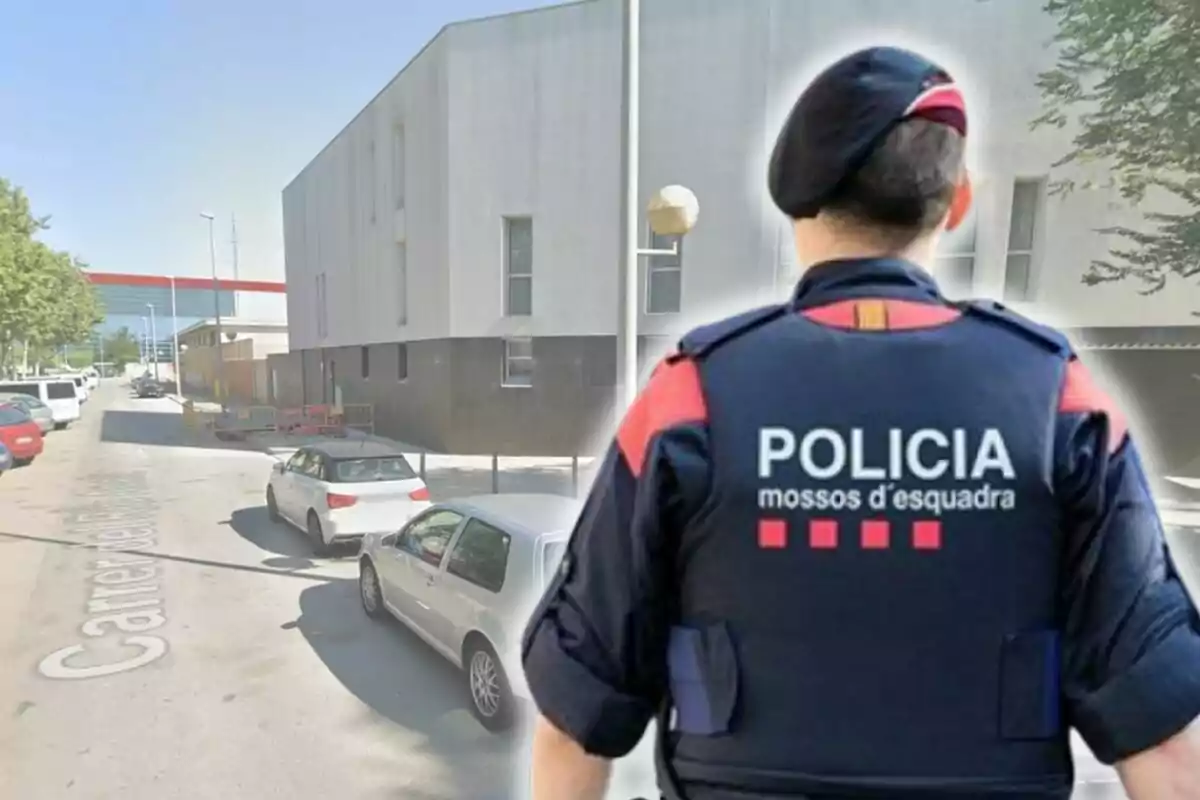 Un agent dels Mossos d'Esquadra d'esquena amb uniforme de policia en un carrer amb diversos cotxes estacionats i un edifici modern al fons.