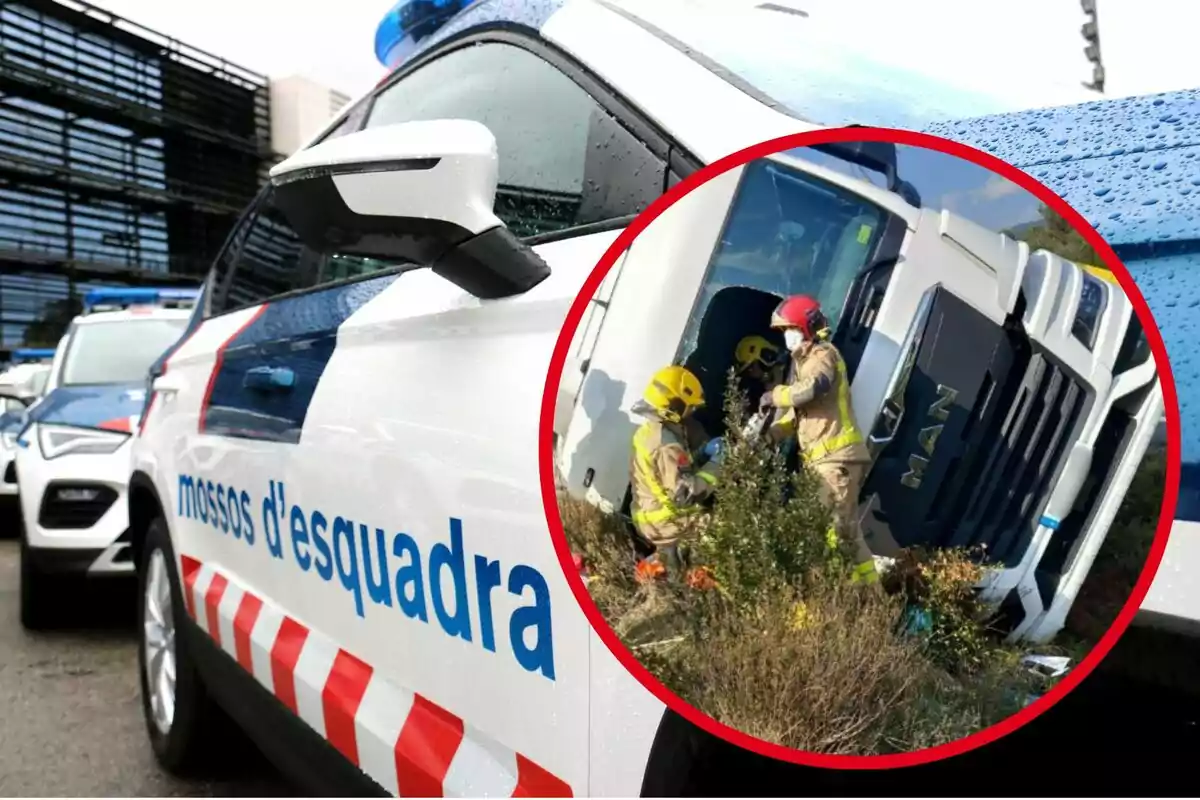 Un coche de los Mossos d'Esquadra en primer plano con una imagen insertada de bomberos atendiendo un accidente de camión.