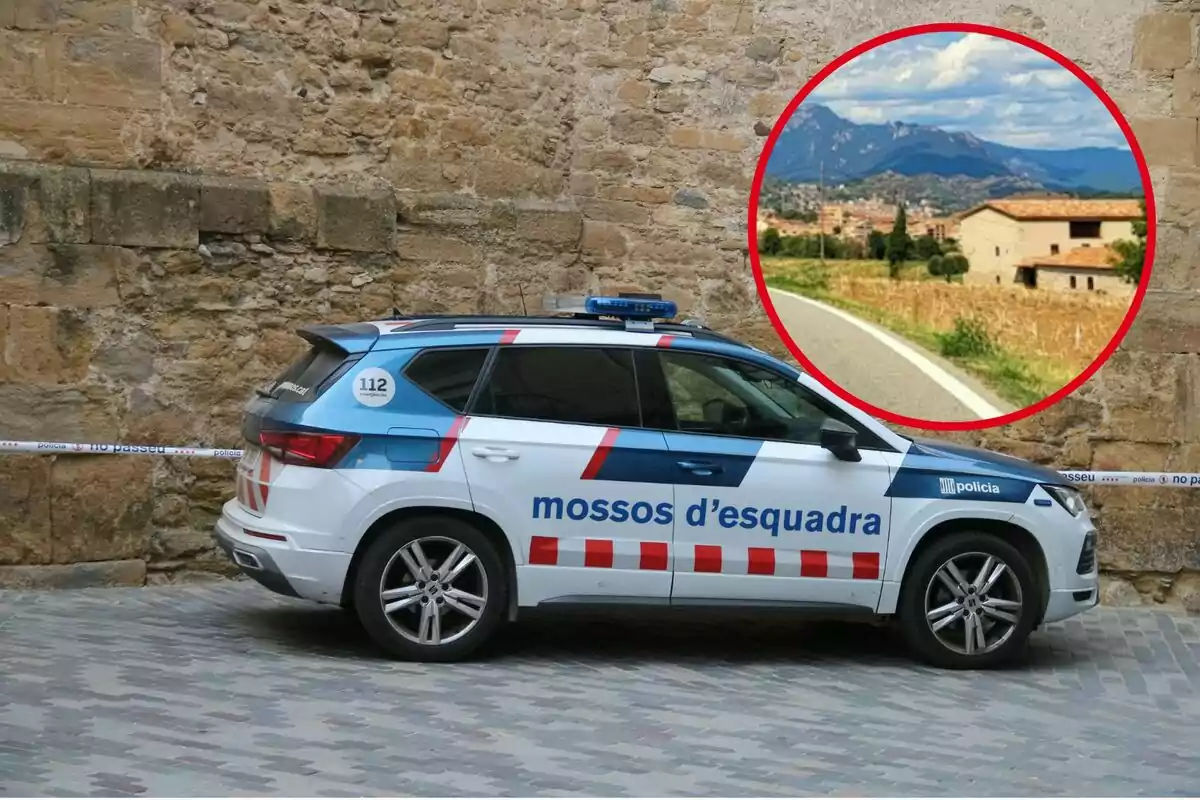 Un cotxe dels Mossos d'Esquadra estacionat a tocar d'una paret de pedra, amb una imatge inserida d'un paisatge muntanyós en un cercle vermell.