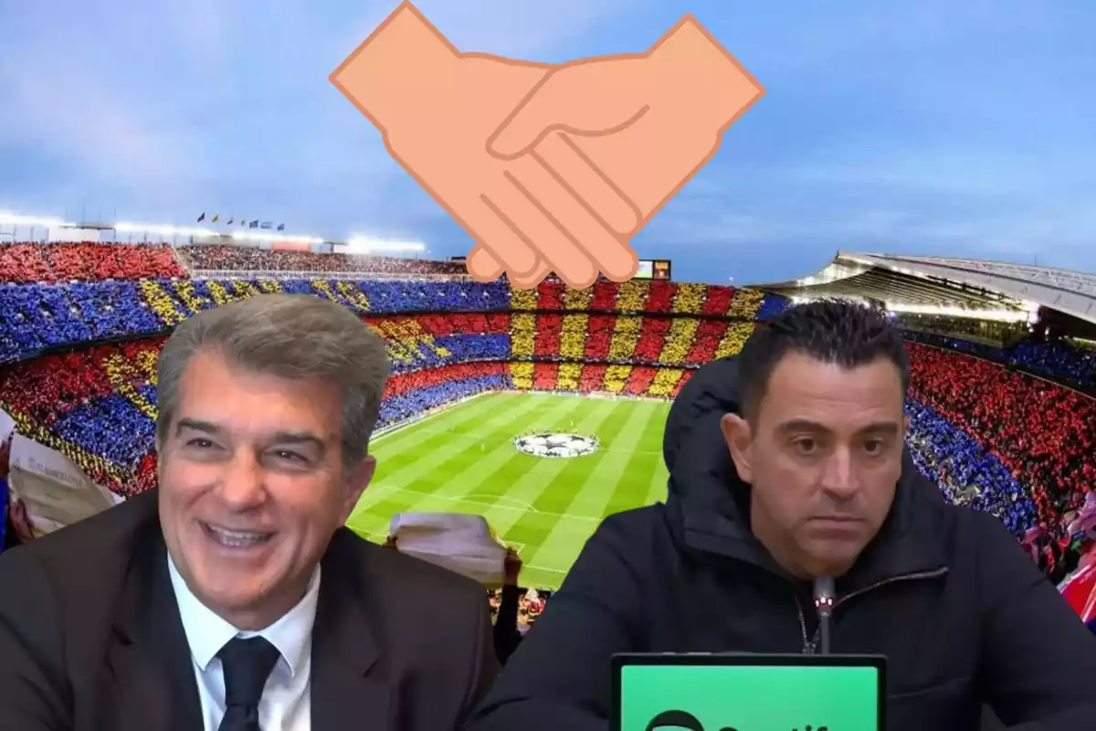 Muntatge amb el Camp Nou, Joan Laporta a l'esquerra, Xavi Hernández a la dreta i una emoticona amb dues mans a dalt al centre de la imatge