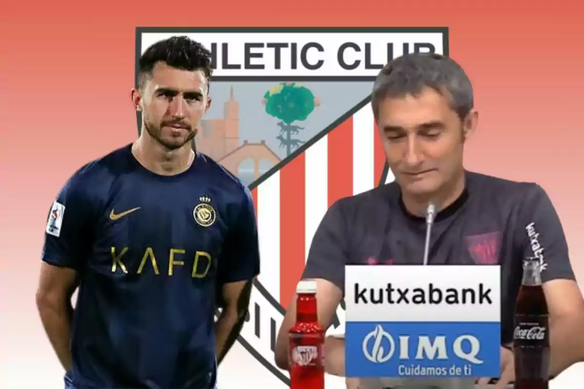 Un jugador de futbol amb una samarreta blava i un entrenador en una conferència de premsa amb el logotip de l'Athletic Club de fons.