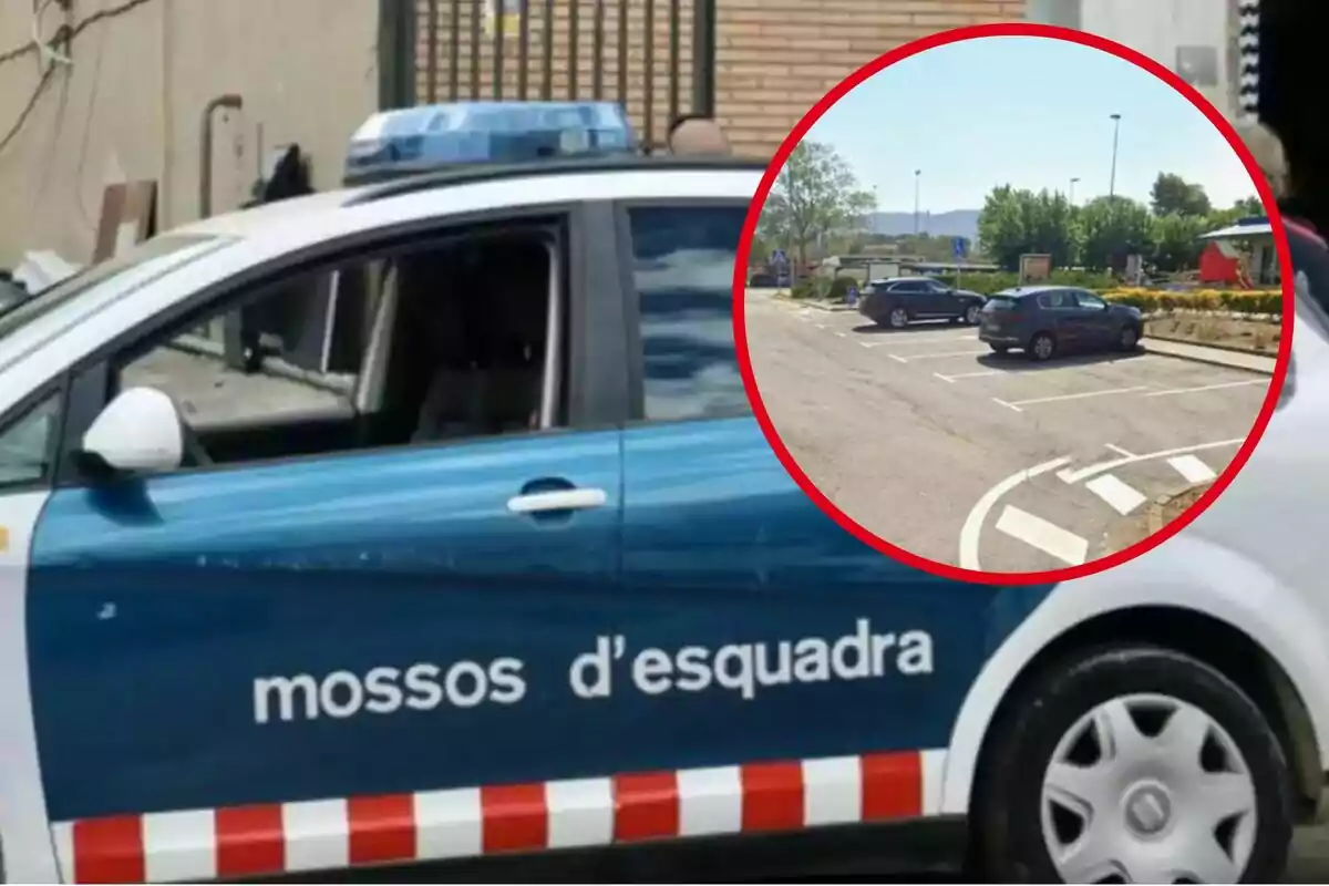 Un coche de los Mossos d'Esquadra estacionado junto a un edificio, con una imagen insertada en un círculo rojo que muestra un aparcamiento con varios coches.