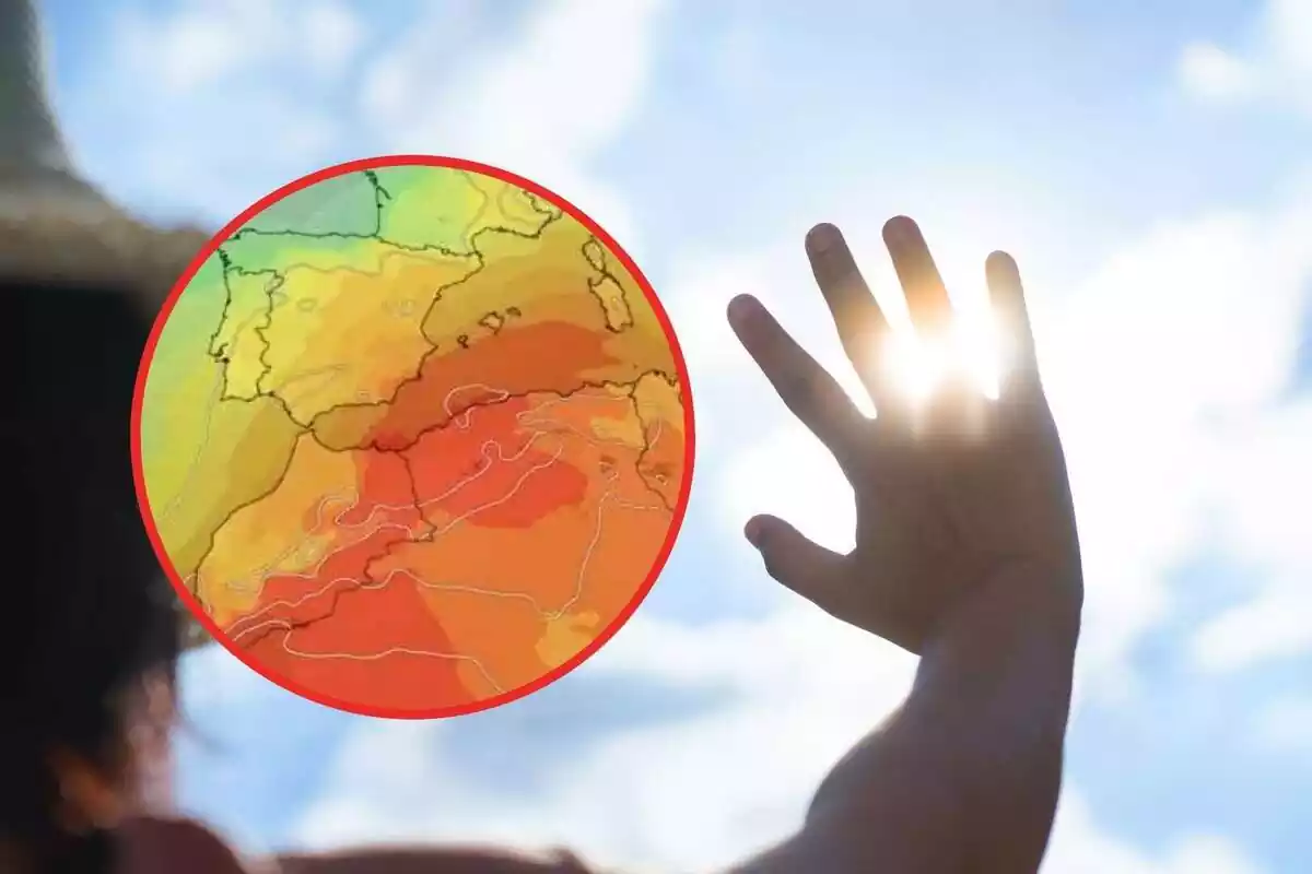 Una dona amb la mà alçada mirant el sol i un mapa amb l'onada de calor Una dona amb la mà alçada mirant el sol i un mapa amb l'onada de calor