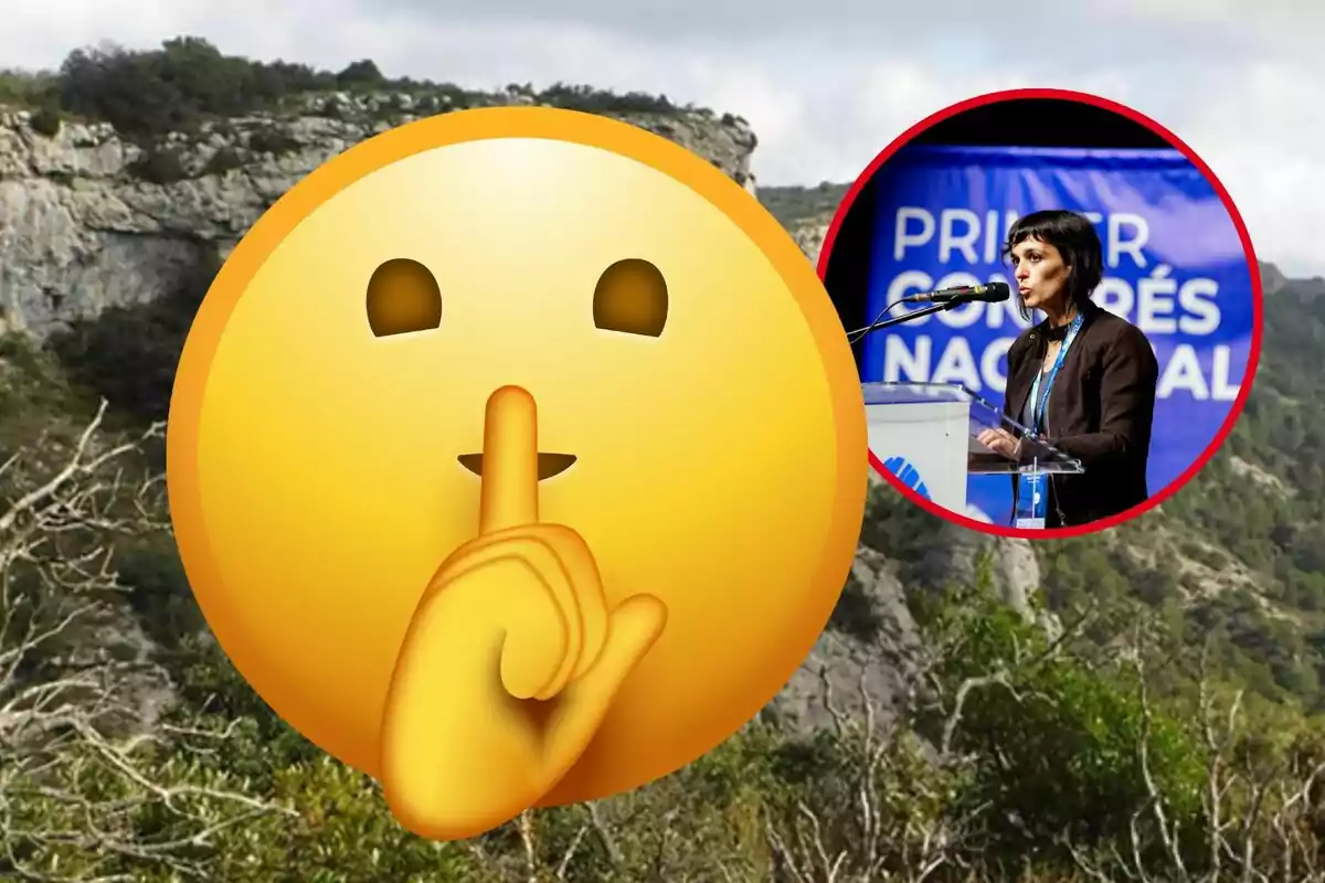 Un emoji de silenci ocupa el centre de la imatge amb un paisatge de muntanya de fons i una dona parlant en un faristol dins d’un cercle vermell a la cantonada superior dreta.