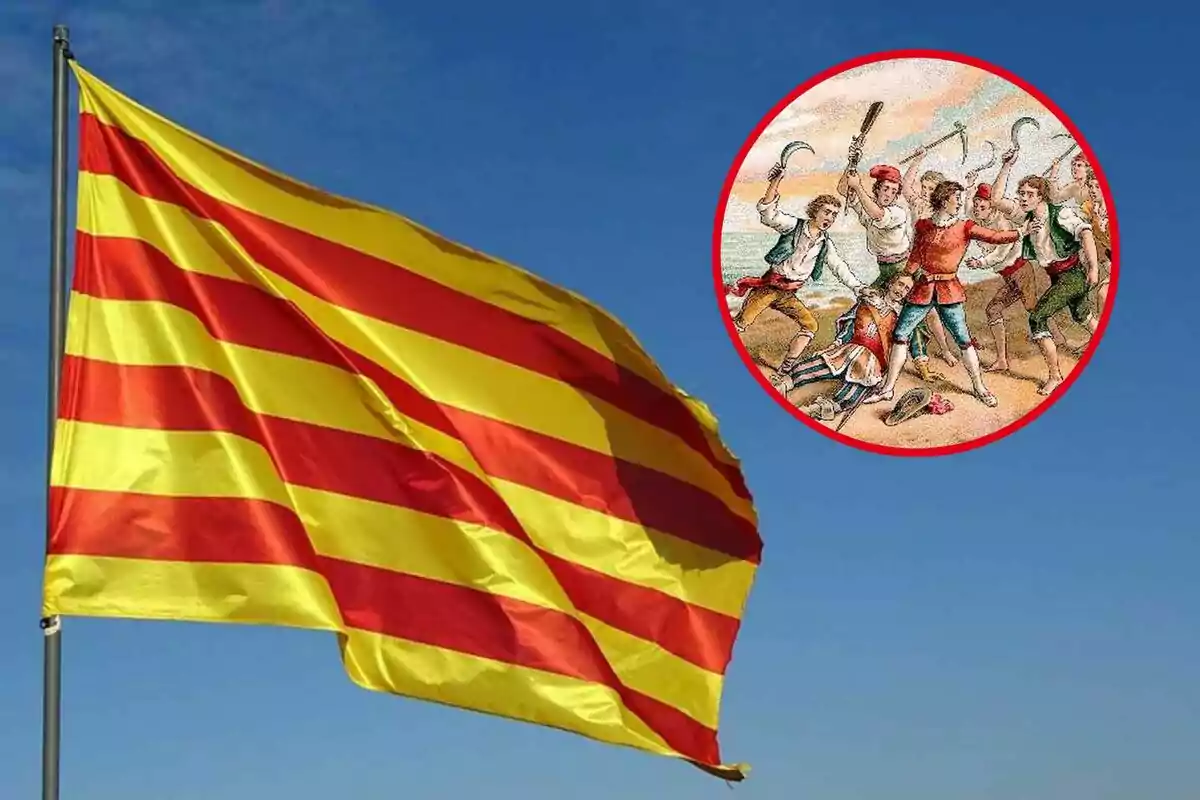 Bandera catalana onejant el vent amb una il·lustració històrica en un cercle vermell a la cantonada superior dreta.