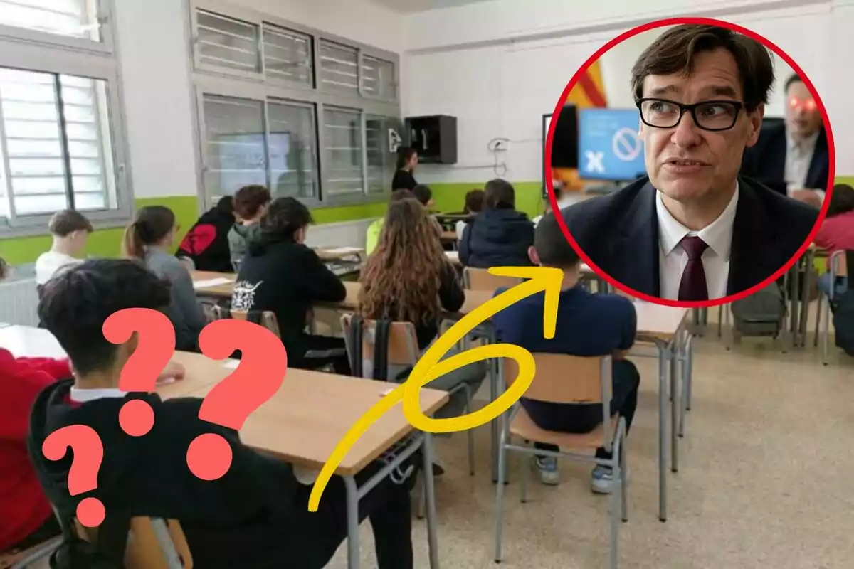 Una aula amb estudiants asseguts als escriptoris mirant cap al front, amb un requadre que mostra un home amb ulleres i vestit, i elements gràfics com signes d'interrogació i una fletxa groga.