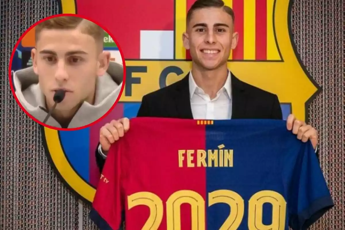 Un jove sostenint una samarreta de futbol amb el nom "Fermín" i el número 2029, amb un escut d'equip al fons i un requadre amb la cara en primer pla.