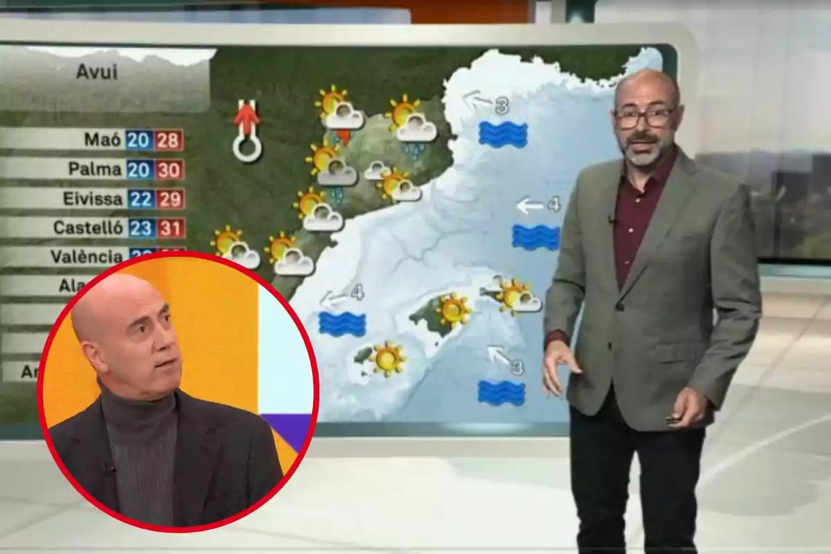 Un hombre presenta el pronóstico del tiempo en un estudio de televisión, con un mapa meteorológico en el fondo y un recuadro que muestra a otra persona.