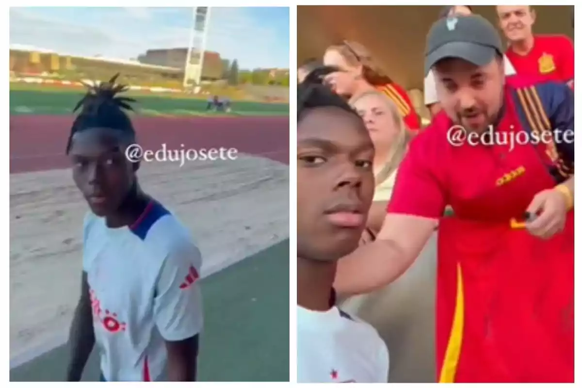 Un joven deportista con camiseta blanca y detalles rojos está en una pista de atletismo en la primera imagen, mientras que en la segunda imagen está rodeado de personas, una de las cuales lleva una camiseta roja con detalles amarillos.