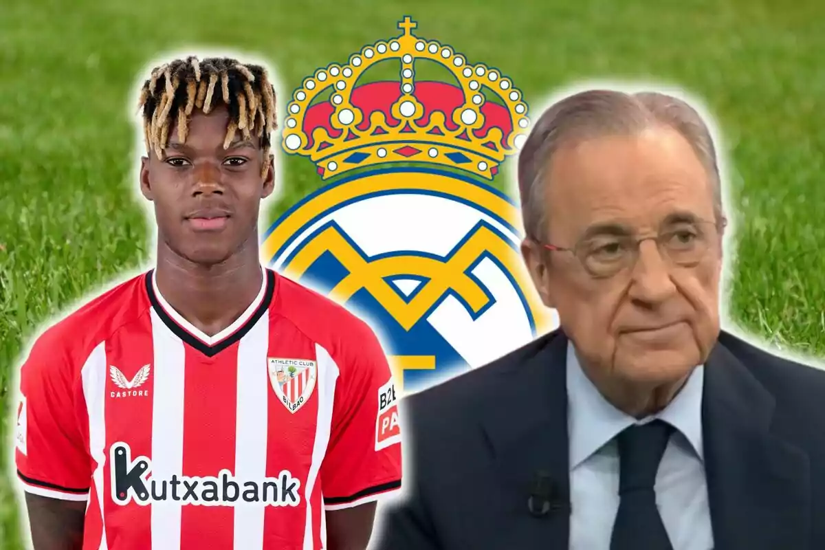 Un jugador del Athletic Club de Bilbao y un hombre mayor con gafas aparecen frente al escudo del Real Madrid.