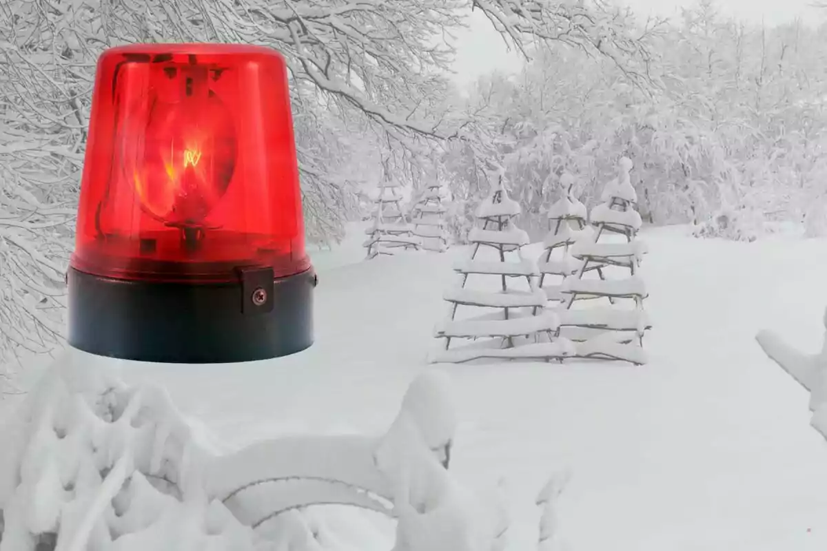 Una llum d´emergència vermella sobre un paisatge nevat amb arbres coberts de neu.