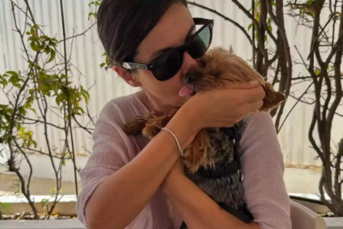 Persona con gafas de sol abrazando y besando a un perro pequeño.