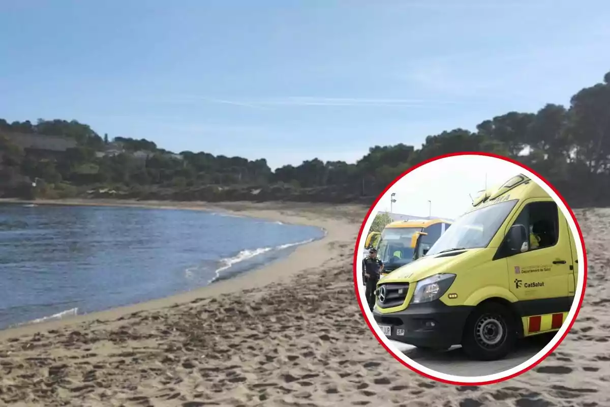 Platja amb sorra i mar al fons, amb una imatge inserida d'una ambulància groga en un cercle a la cantonada inferior dreta.