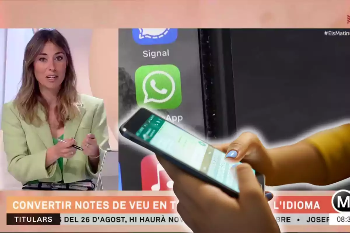 Muntatge amb una imatge del programa Els matins de TV3. A la dreta, una imatge amb una dona utilitzant l'aplicació de WhatsApp en un telèfon mòbil