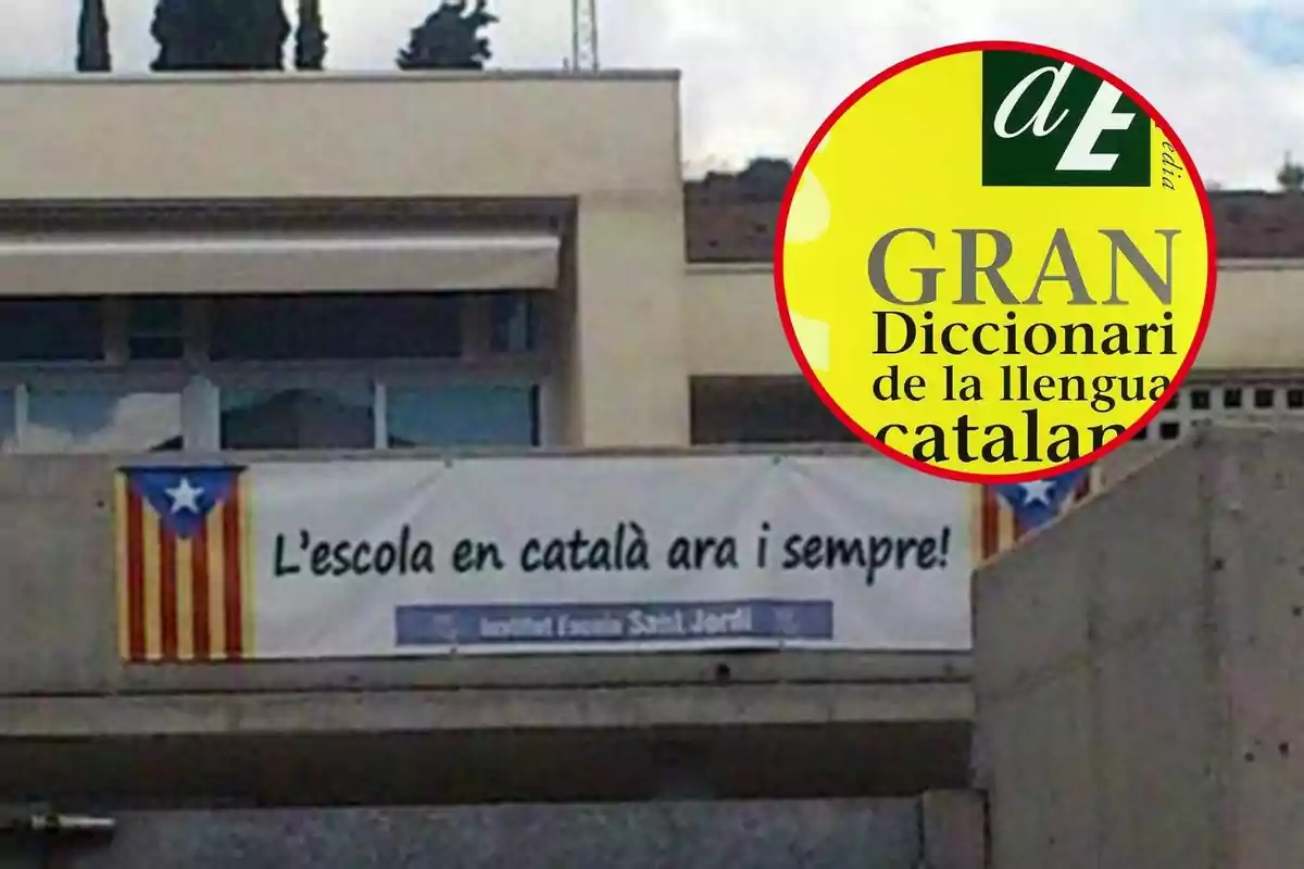 Un cartell en català que diu “L'escola en català ara i sempre!” al costat d'una bandera estelada, amb una imatge superposada del Gran Diccionari de la llengua catalana.