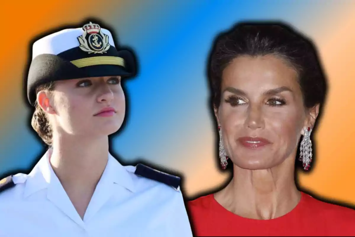 Dos mujeres, una con uniforme naval y otra con vestido rojo, sobre un fondo degradado de colores azul y naranja.