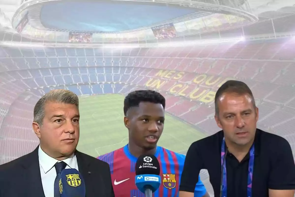 Tres hombres, uno con traje y corbata, otro con camiseta de fútbol del FC Barcelona y el tercero con camiseta negra, están frente a un estadio de fútbol vacío con la frase "Més que un club" en las gradas.