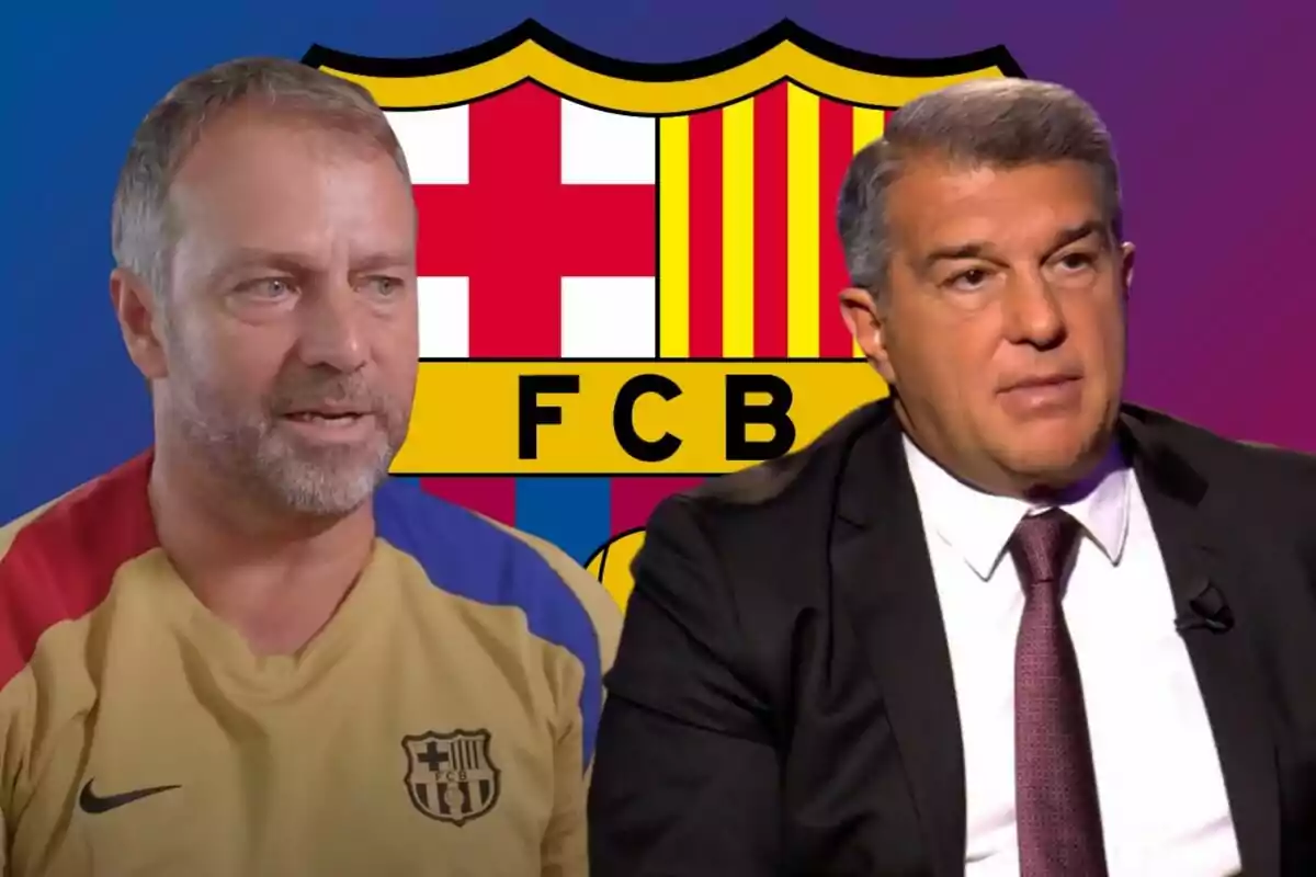 Dos homes davant de l'escut del FC Barcelona, un amb samarreta de l'equip i un altre amb vestit.