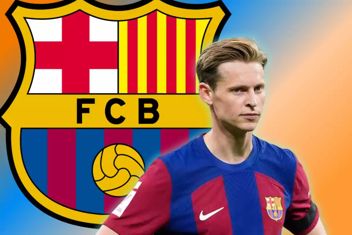 Jugador del FC Barcelona amb l?escut del club de fons.