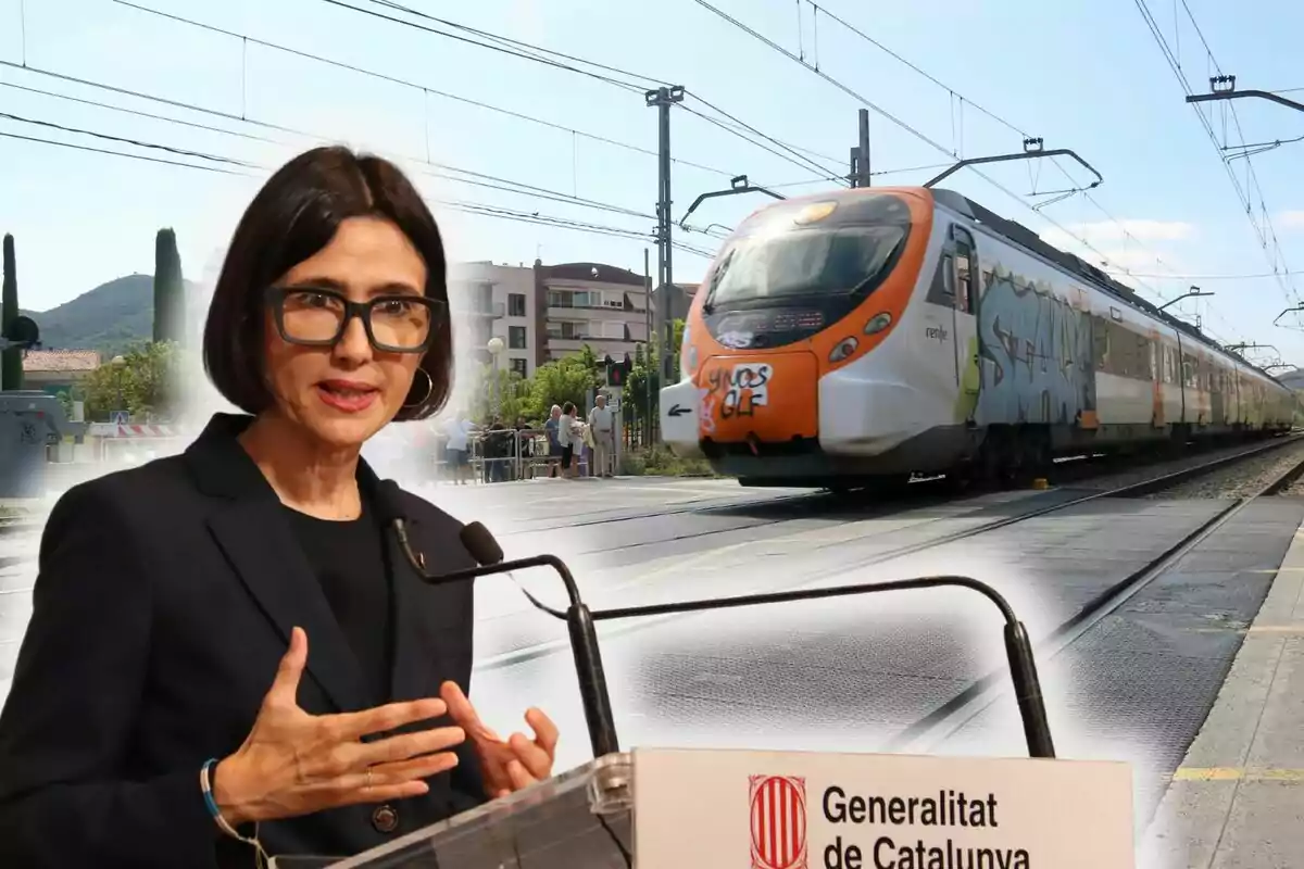 Una mujer con gafas y cabello corto habla en un podio con el logotipo de la Generalitat de Catalunya mientras un tren pasa por una vía férrea en el fondo.