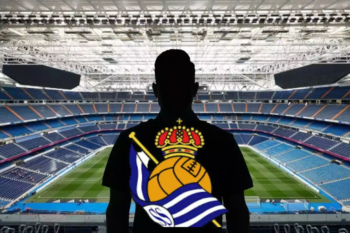 Muntatge amb l'estadi Santiago Bernabéu i una ombra negra al centre amb l'escut de la Reial Societat