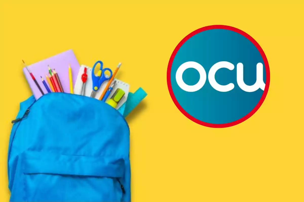 Una mochila azul llena de útiles escolares como lápices, tijeras y cuadernos, junto a un logotipo circular con las letras "ocu" sobre un fondo amarillo.