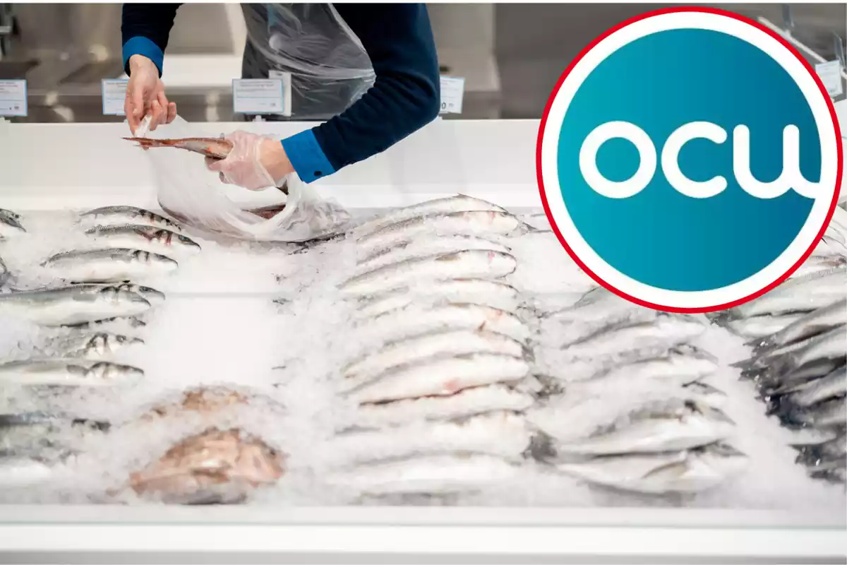 Muntatge amb imatge d'una peixateria d'un supermercat. A la dreta, una imatge amb el logotip de l'OCU