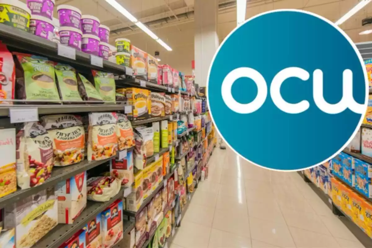 Passadís de cereals d'un supermercat i el logo de l'OCU