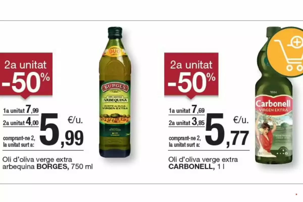 Promoció d'olis d'oliva verge extra amb un descompte del 50% en la segona unitat, mostrant les marques Borges i Carbonell amb preus i detalls de cada producte. Promoció d'olis d'oliva verge extra amb un descompte del 50% en la segona unitat, mostrant les marques Borges i Carbonell amb preus i detalls de cada producte.