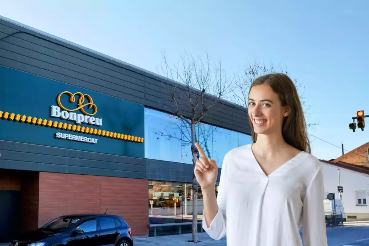 Muntatge amb imatge d'un establiment de Bonpreu. A la dreta una dona somrient indicant la marca de la cadena de supermercats